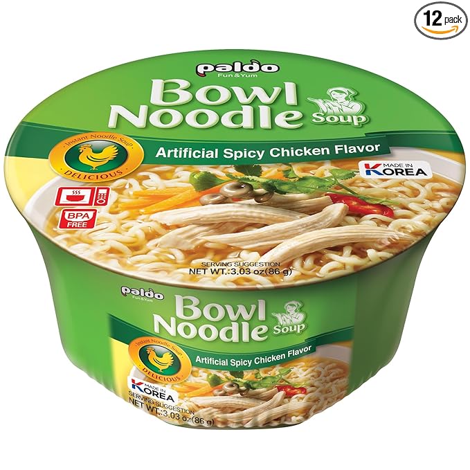 Paldo Fun &amp Yum Instant Cup Noodle Soup Bowl with Chicken Flavored Broth Pack of 12 Best Oriental Style Korean Ramyun Most Loved Korean Noodles 86g (3.03 oz) (Pack of 12)