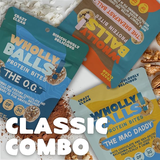 Wholly Balls Protein Bites – Healthy Plant-Based Snack | High Protein Low Sugar Gluten-Free Energy Balls (Pack of 3 Classic Combo Bundle)