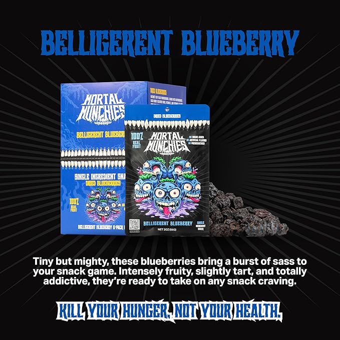 Mortal Munchies - Belligerent Blueberry Dried Fruit (6 Pack 2 Oz) Real Fruit Snack Sweet and Tart Rich in Antioxidants Fat-Free On-the-Go Snacks Healthy Snack for Adults Non-GMO No Added Sugar