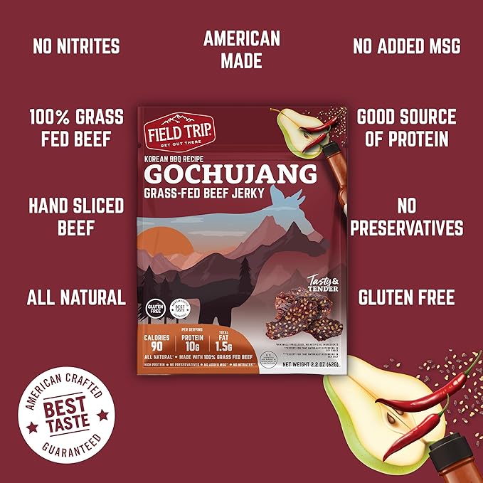 Field Trip Grass Fed Beef Jerky Variety Pack Healthy Gluten Free Snacks All Natural Paleo-Friendly Meat Snacks with No Nitrates Low Carb High Protein Snacks 2.2oz Bag 4 Pack