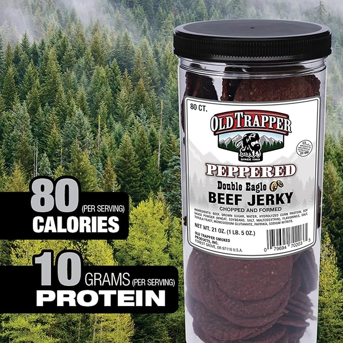 Old Trapper Double Eagle Beef Jerky Peppered Flavor 21oz. 80-Piece Jar Natural Wood Smoked Meat Snacks 10 Grams of Protein and 80 Calories per Serving (Pack of One)