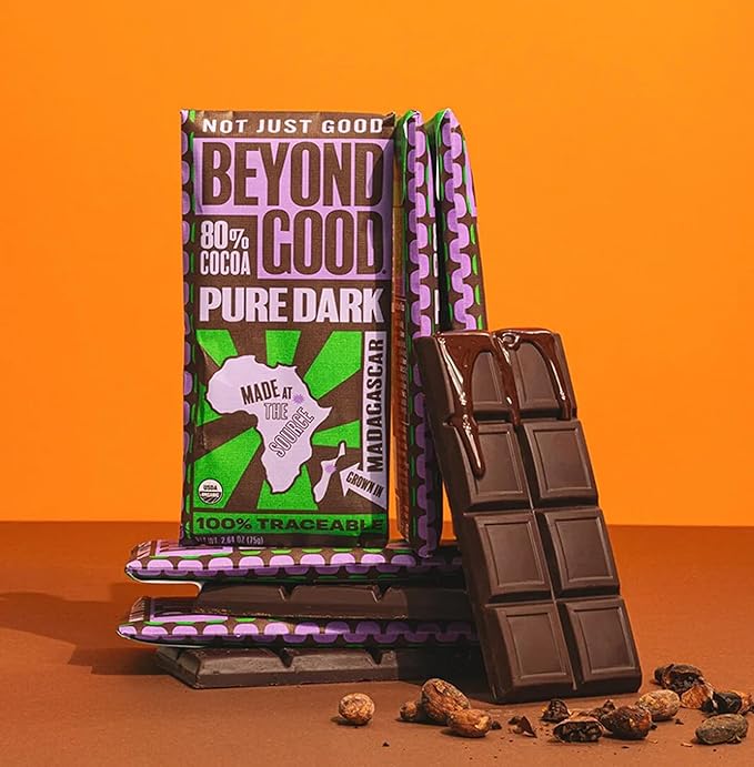 Beyond Good 80% Cocoa Pure Dark Chocolate | 12 Pack - Chocolate Bars | Organic Direct Trade Vegan Kosher Non-GMO | Single Origin Heirloom Madagascar Dark Chocolate