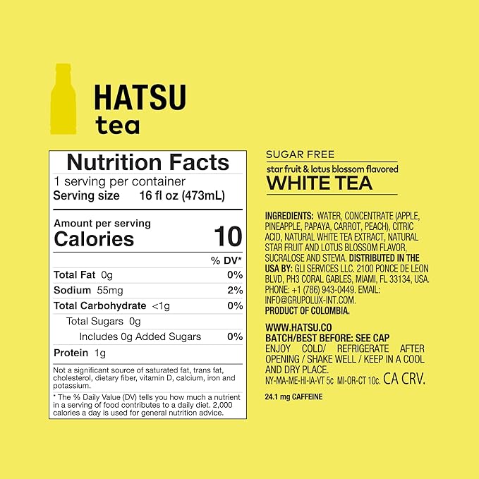 HATSU Sugar-Free White Tea – Star Fruit &amp Lotus Blossom Flavor | Low-Calorie Iced Tea | 16.9 fl oz Bottles (Pack of 12)