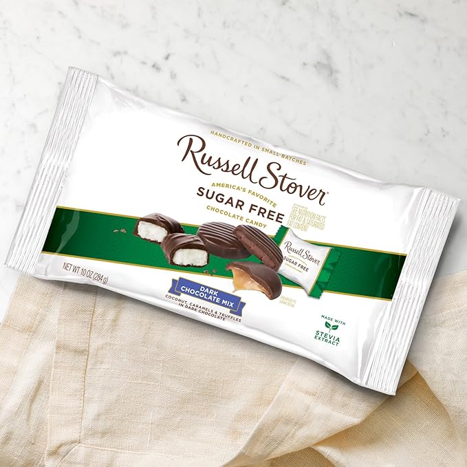 Russell Stover Sugar-Free Dark Chocolate Mix 10 Ounce Candy Individually Wrapped Bars Sweetened with Stevia