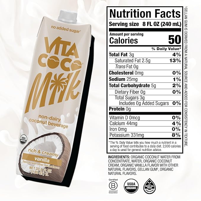 Vita Coco Vanilla Organic Coconut Milk Plant Based Dairy Free Milk Alternative - Gluten Free Soy Free and Unsweetened - Perfect Add to Cereal Smoothies Desserts -33.8 Fl Oz (Pack of 6)