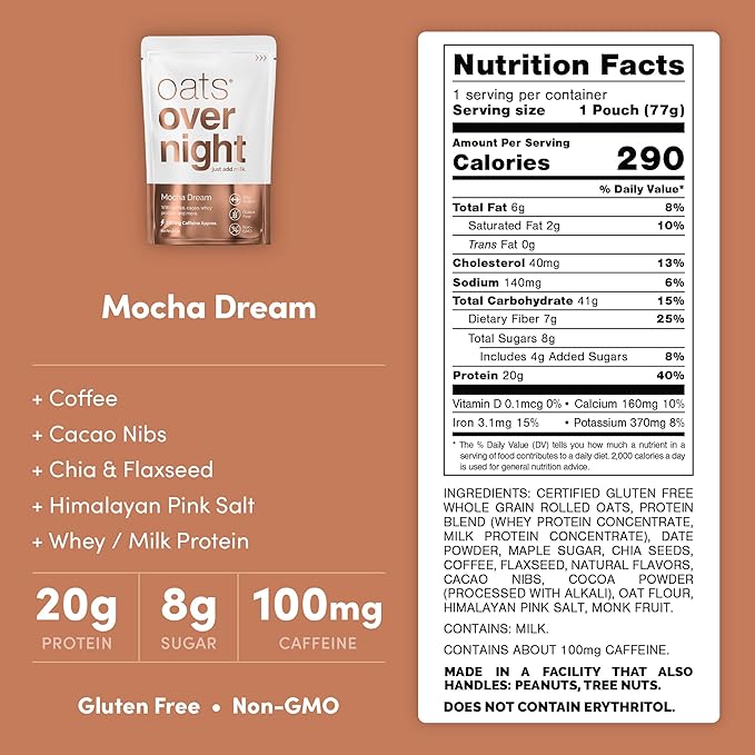 Oats Overnight Mocha Dream 8 Pack + BlenderBottle &amp Chocolate Chip Cookie Dough 8 Pack - 20g Protein High Fiber Breakfast Shake - Gluten Free Non GMO Oatmeal
