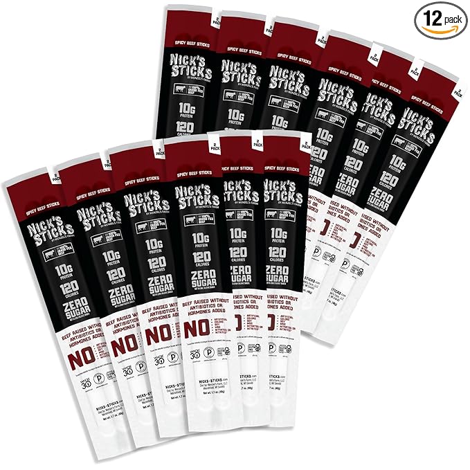 Nick's Sticks Clean &amp Balanced 100% Grass-Fed Spicy Beef Snack Sticks | Made in the USA | Gluten Free | Paleo Keto Whole30 Approved | No Soy Antibiotics or Hormones (12 – 1.7oz. Packages of 2 S