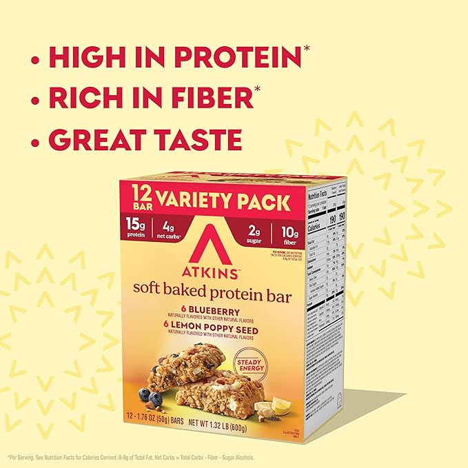 Atkins Soft Baked High Protein Bars Lemon Poppyseed &amp Blueberry Flavors 15g Protein 4g Net Carbs 2g Sugar Keto Snacks Low Sugar Protein Bars High Fiber Snacks 12 pk (6 bars each flavor)