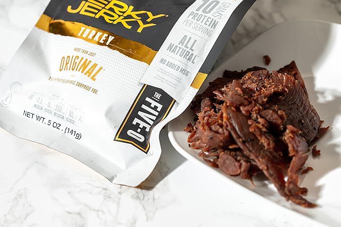 Perky Jerky Original Turkey Jerky 5 oz Bags (Pack of 6) - Low Sodium - 10g Protein per Serving - Low Fat - 100% U.S. Sourced - Tender Texture and Bold Flavor