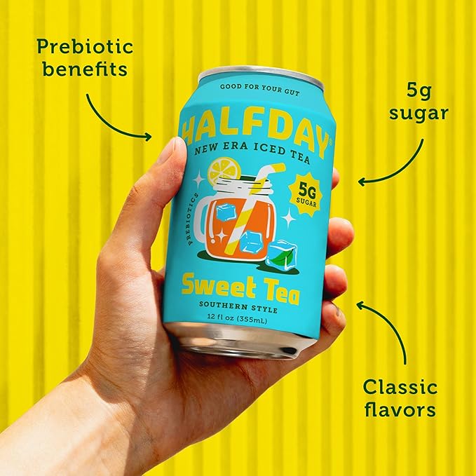 HALFDAY Prebiotic Sweet Tea Iced Tea Cans Supports Digestive &amp Gut Health 6g Plant Fiber &amp Prebiotics 5g of Sugar 35 Calories Organic Tea Natural Caffeine Gluten Free Keto 12 fl oz (1