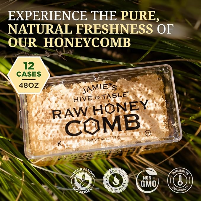Jamie's Hive To Table 100% Raw Honeycomb 48 Oz (Pack of 12) – All-Natural Pure Georgia Honeycomb – Fresh Georgia Honeycomb with Bee Pollen and Propolis No Additives or Preservatives Non-GMO