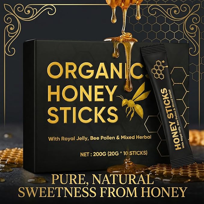 Organics Honey Sticks - Black Honey for Men Natural Energy &amp Vitality Packs Made from Royal Jelly Bee Pollen &amp Powerful Herbal Extracts Male Wellness &amp Daily Support - 10 Sticks