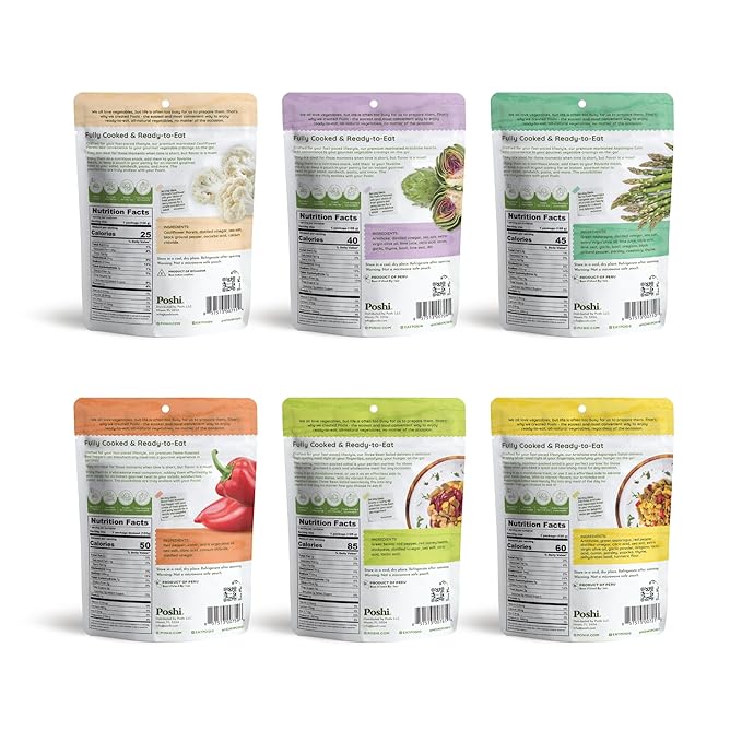 POSHI Marinated Vegetables Variety Pack | All Natural Fully Cooked Ready-to-Eat Keto Vegan Paleo Non GMO Low Calorie Gluten Free Pentry Food Gourmet Healthy (6 Pack)