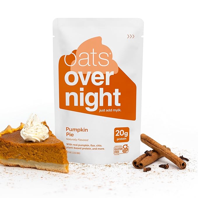 Oats Overnight Pumpkin Pie - Vegan Overnight Oats with 20g Protein High Fiber Breakfast Protein Shake - Gluten Free Oatmeal Non GMO High Protein Oatmeal (2.3 oz per meal) (16 Pack)