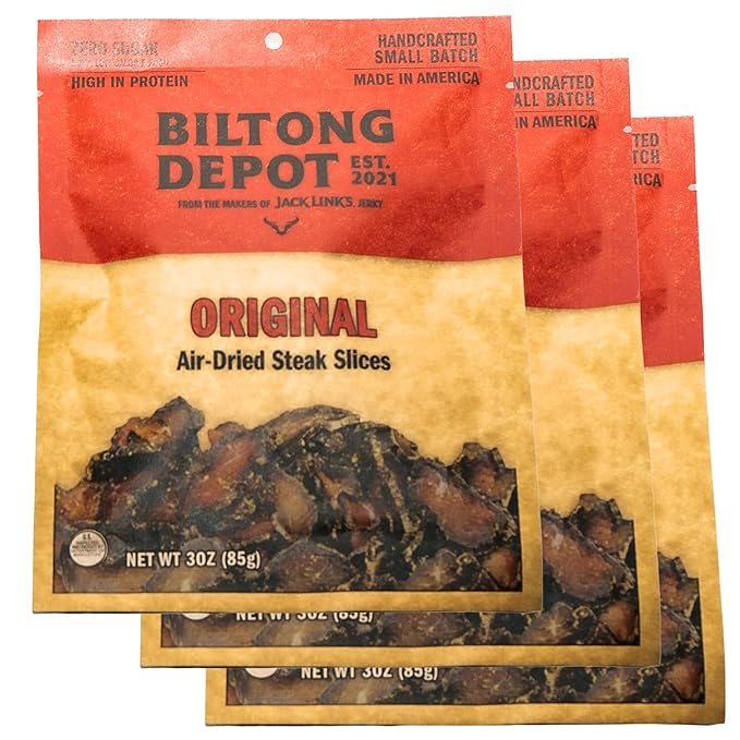 Biltong Depot Original Lean Biltong Slices Bundle - 3oz (3 Pack) | Air-Dried Beef Jerky Snack | High Protein | Zero Sugar | Keto &amp Paleo Friendly | Gluten Free | No Artificial Preservatives | No M