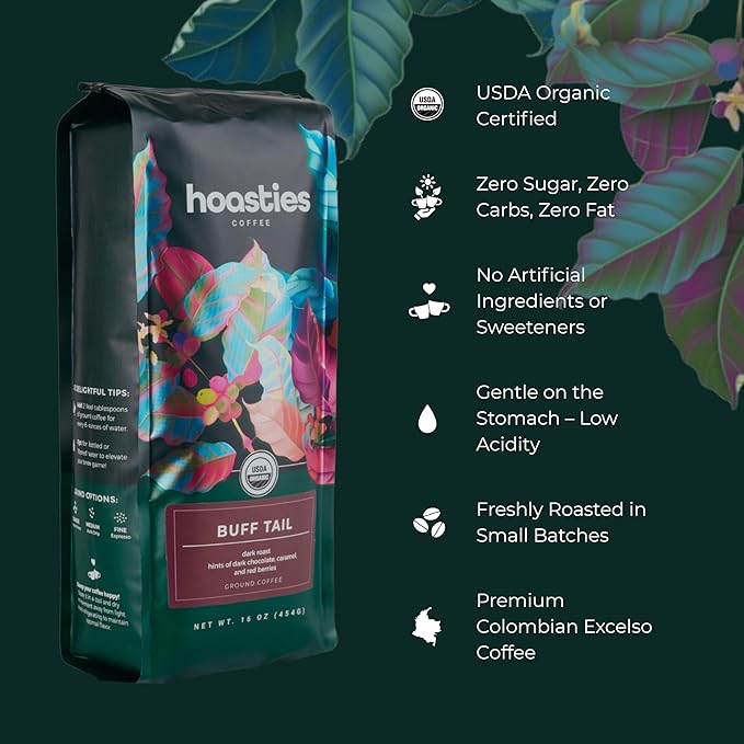 Hoasties Coffee Buff Tail - USDA Organic Dark Roast Ground Coffee 100% Colombian Arabica Pesticide &amp Chemical-Free 16 oz