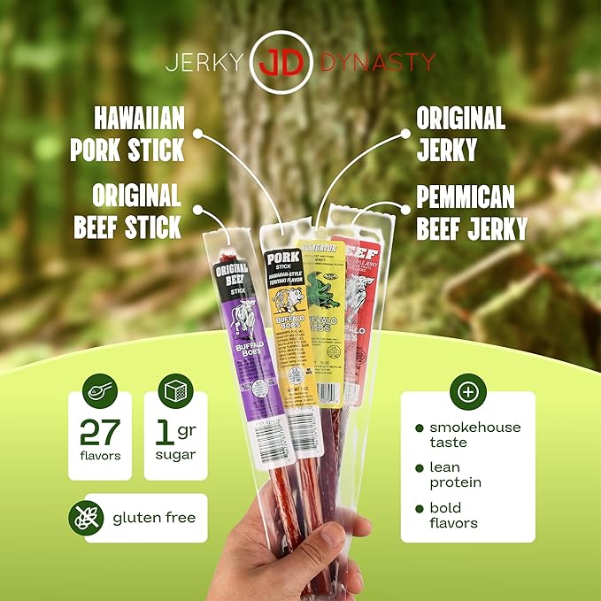 Jerky Dynasty The Ultimate 27-Piece Exotic Jerky Gift Set - Buffalo Bob's Wild Game Jerky Variety Pack - Exclusive Flavors &amp Protein Snack - Farm-Raised