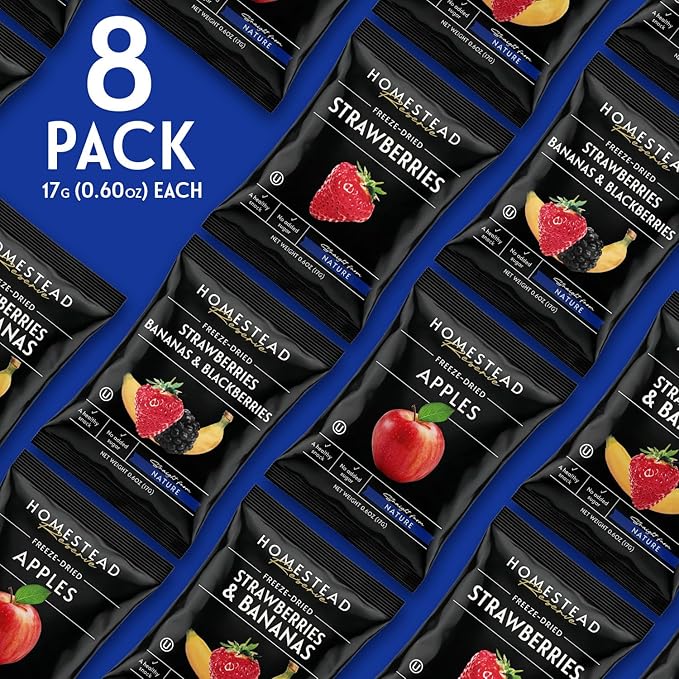 HOMESTEAD RESERVE Freeze Dried Fruit Snacks Pack of 8 (0.6oz Each) – Bulk Freeze-Dried Fruit for Home or Travel – Individual Snack Packs for Lunchboxes – Includes Apples Strawberries Blackberries &