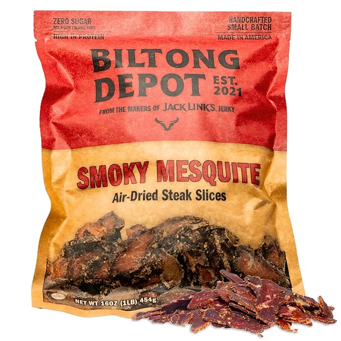 Biltong Depot Smoky Mesquite Biltong Slices - 1lb (16oz) | Air-Dried Beef Jerky Snack | High Protein | Paleo and Keto friendly | Zero Sugar | Gluten Free | No Artificial Preservatives | No MSG