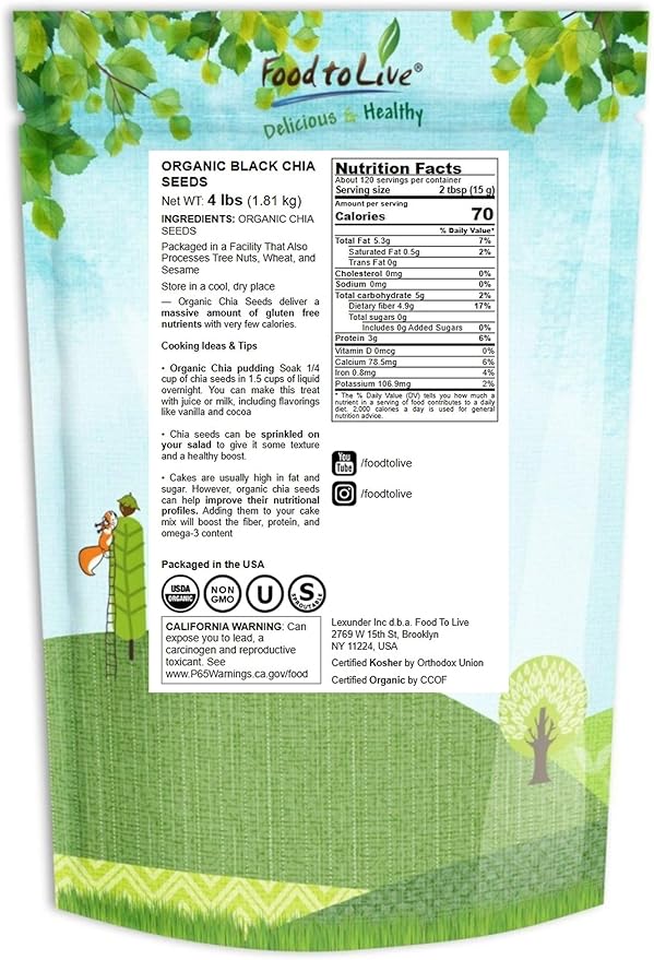 Food to Live - Organic Black Chia Seeds 4 Pounds - Non-GMO Whole Sproutable Vegan Kosher Keto Sirtfood Bulk
