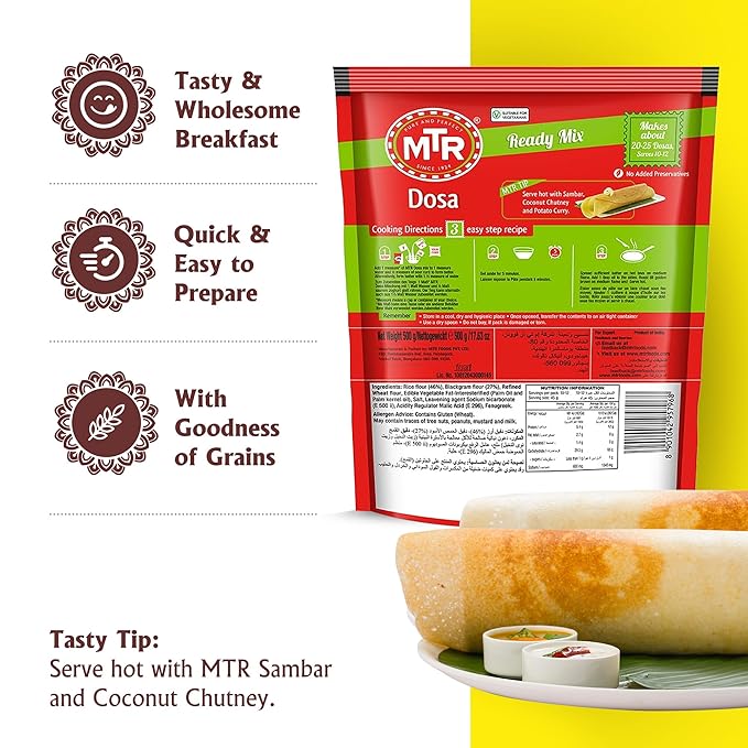 MTR Instant Dosa Mix - Ready to Cook Authentic Indian Breakfast Lunch Dinner or Snack Meal - No Added Preservatives - A Quick &amp Easy Recipe Suitable for Vegetarians - (500g Pack of 3)