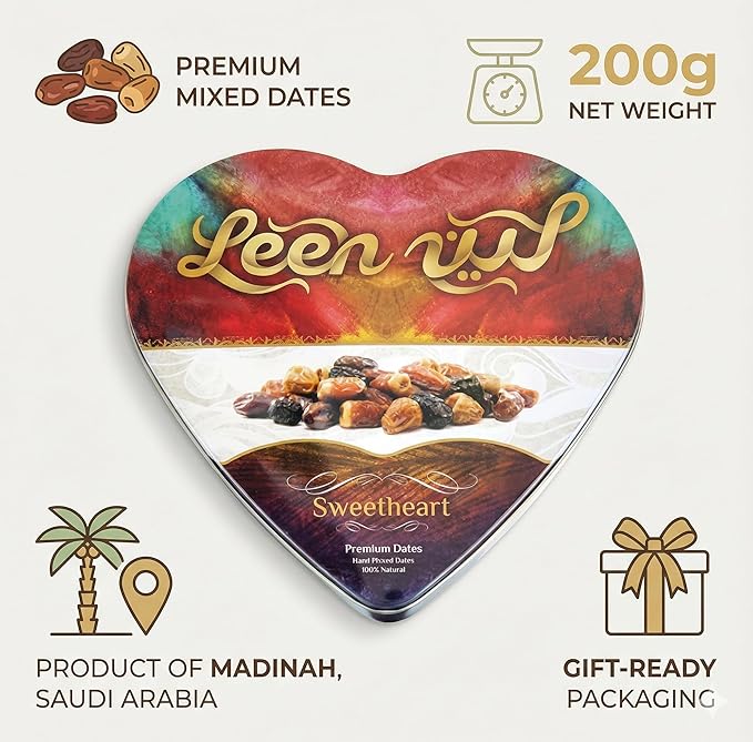 LEEN Premium Mixed Dates from Madinah Saudi Arabia – Ajwa Safawi Sagaie Khodhri &amp Mabroom | Gift Heart Tin Box | Assorted Dates | Natural &amp Fresh | 200g