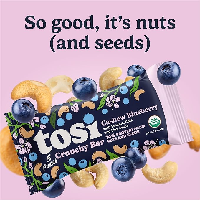 Tosi Meal Nut Bars Cashew Blueberry Healthy Snacks for Adults &amp Kids Crunchy Plant Based Protein Bar (14G) Keto Snacks Vegan Gluten &amp Soy Free Low Sugar Omega 3s 2.4oz 12-Pack