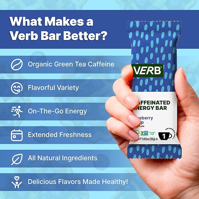 Verb Caffeinated Energy Bars Blueberry Crisp (26g Pack of 16) 110-Calorie Delicious Low Sugar Energy Bar - Vegan Gluten Free On-the Go Snack with 80mg Green Tea Caffeine Only Real-Food Ingredients