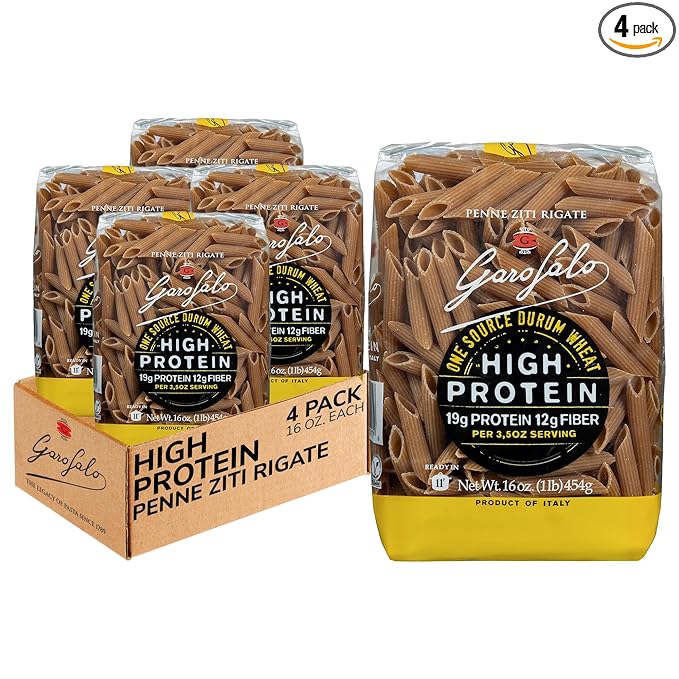 Garofalo - High Protein Penne Rigate Pasta | Premium Durum Wheat Semolina with 19g Protein &amp 12g Fiber | Italian Made Bronze-Drawn PGI Certified (16 oz 4-Pack)