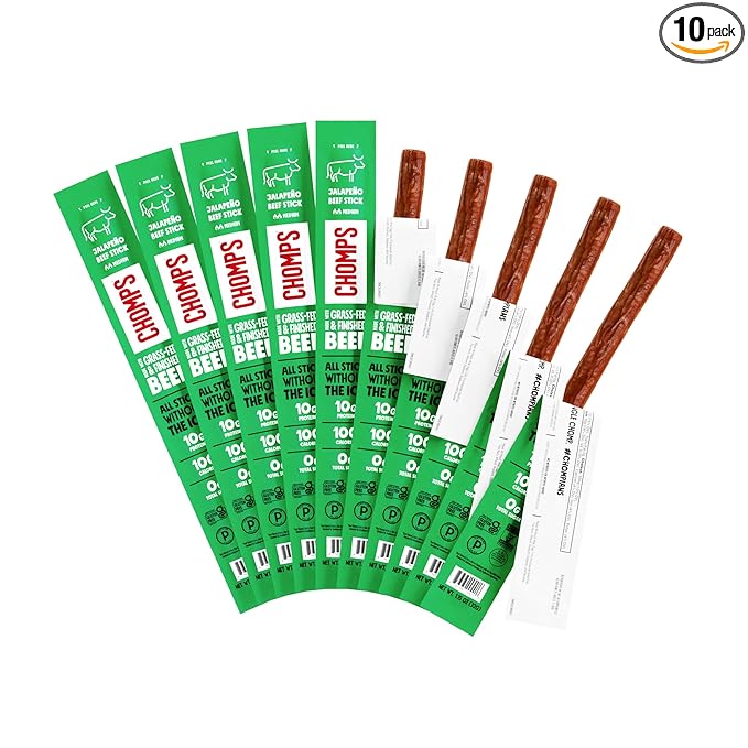 Chomps Grass-Fed and Finished Jalapeño Beef Jerky Snack Sticks 10-Pack - Keto Paleo Whole30 10g Lean Meat Protein Gluten-Free Zero Sugar Food Non-GMO