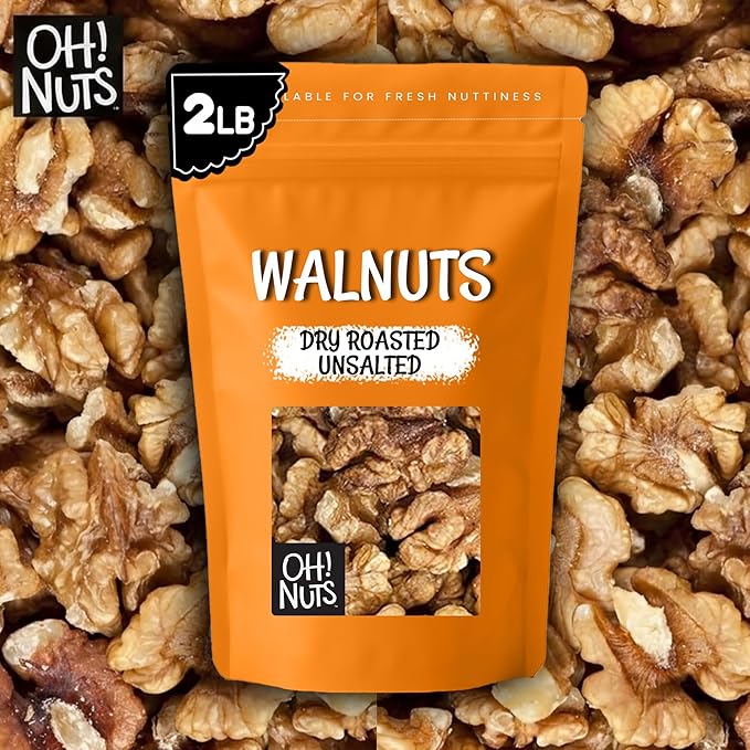Oh! Nuts Walnuts - Dry Roasted Unsalted - 2 lb - Packed in New York Zip-Seal Bag for Exceptional Freshness