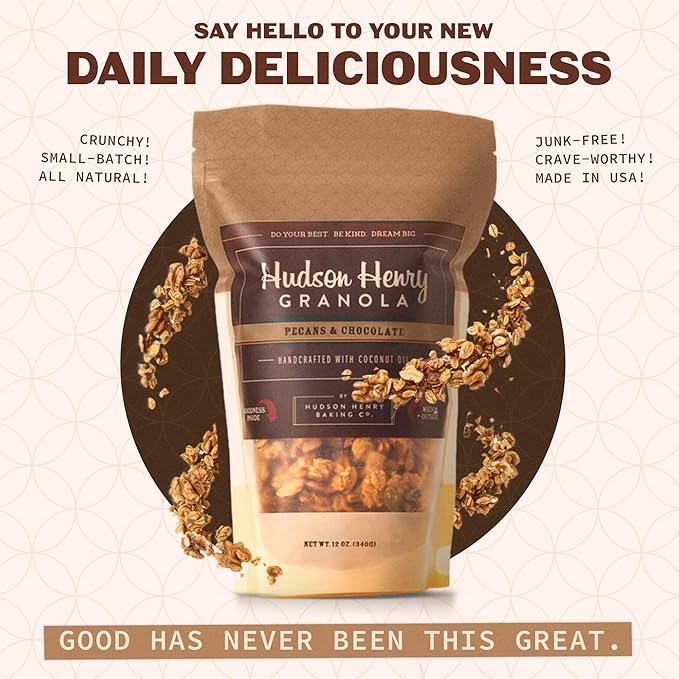 Hudson Henry Chocolate Pecan Granola for Yogurt Snacking &amp Cereal | Dark Chocolate Granola with Pecans &amp Oats | Gluten Free Non-GMO Small Batch Baked | 3 Pack (12 oz Bags)