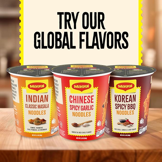 Maggi Chinese Spicy Garlic Noodles Cup of Noodles Instant Ramen 3 min Vegetarian Halal Kosher 12 Pack