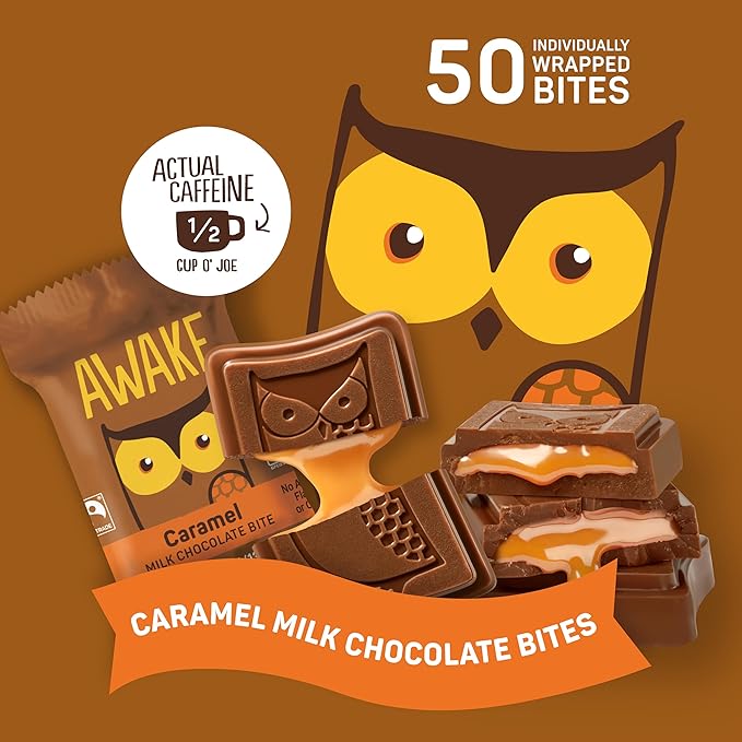 AWAKE - Caffeinated Chocolate Bites - Caramel Milk Chocolate 50 Bites - 50mg Caffeine - Individually Wrapped Energy Bites - Coffee Alternative - Fairtrade Gluten Free Non GMO - 0.48oz