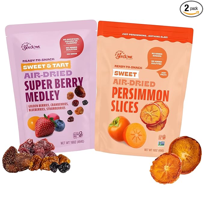 Whitney Jordan Naturals Air-Dried Fruit Variety Pack 16 Oz Pack of 2 - Super Berry Medley &amp Persimmon Slices - Gluten-Free Non-GMO Vegan Snack - Real Fruit for Clean Snacking