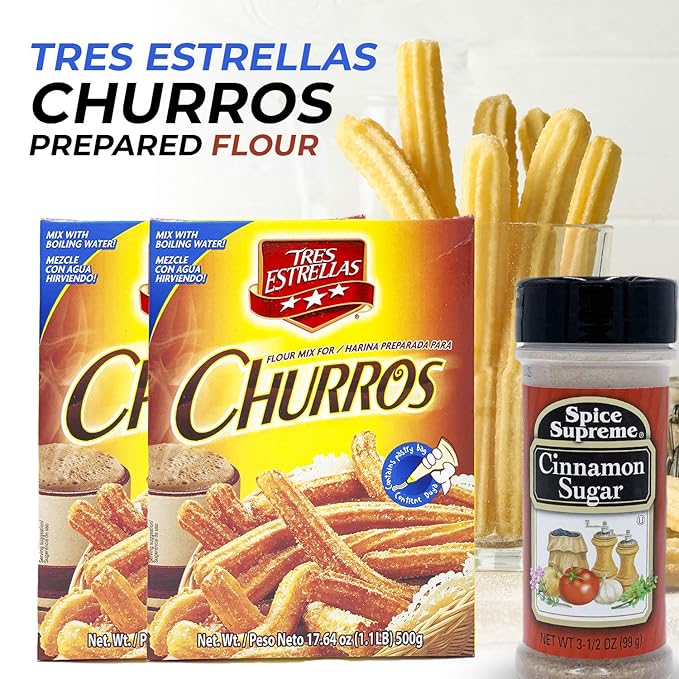Tres Estrellas Churros Mix with Spice Supreme Cinnamon Sugar 3 Pc. Bundle Authentic Mexican Batter Powder for Crunchy Donut Sticks Easy to Blend
