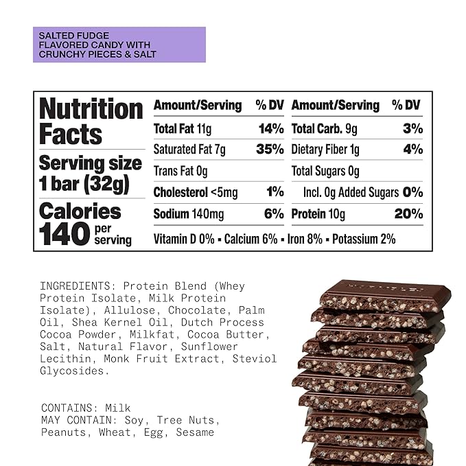 Hormbles Chormbles Protein Candy Bars Salted Fudge 10g Protein 0g Sugar 140 Calories Fudge Chocolate Candy With Crunchy Pieces and Salt Sugar Free Snacks or Dessert 1.13 Oz 12 Pack