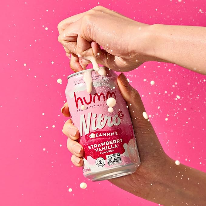 Humm Nitro Kombucha Strawberry Vanilla Creamy Smooth Probiotic Drink with L-Theanine Non-GMO Vegan Gluten Free 12 fl oz (Pack of 24)