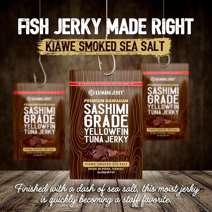 Kaimana Ahi Tuna Jerky Kiawe Smoked Sea Salt - Soft and Tasty - Premium Fish Jerky Made in the USA. High in Omega 3's All Natural and Wild Caught - 2 Ounce (Pack of 3)