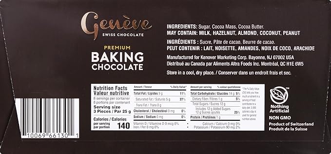 Geneve Swiss Dark Baking Chocolate - 50% Cacao | Vegan | 7oz Bar (2 Pack) | Rich &amp Smooth Swiss Dairy Free Dark Chocolate | All Natural | Certified Kosher (including Passover)