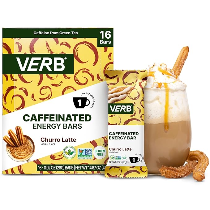 Verb Caffeinated Energy Bars Churro Latte (26g Pack of 16) 110-Calorie Delicious Low Sugar Energy Bar - Vegan Gluten Free On-the Go Snack with 80mg Green Tea Caffeine Only Real-Food Ingredients