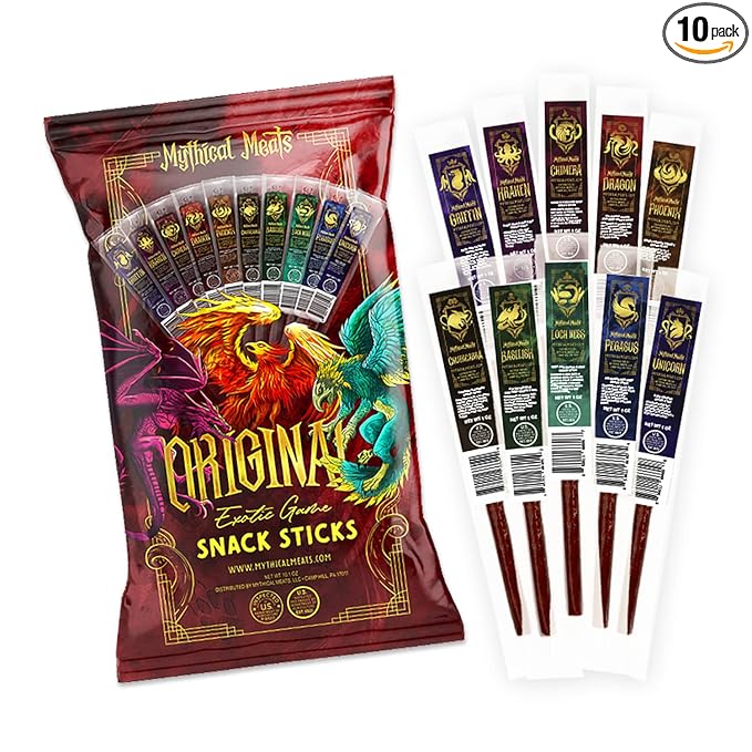 Mythical Meats Original Exotic Flavor Sampler Pack – 10 Exotic Game and Beef Snack Sticks – Dried &amp Dehydrated Meats Seasoned to Perfection – High Protein Snacks