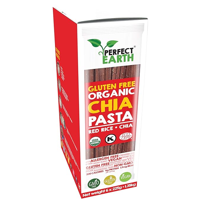 Perfect Earth Organic Red Rice Pasta with Chia Seeds - Organic Vegan Keto Kosher Allergen-Free Gluten-Free Low Carb Pasta - for Healthy Delicious and Convenient Meals - 6 Pack (7.9 Oz Each)