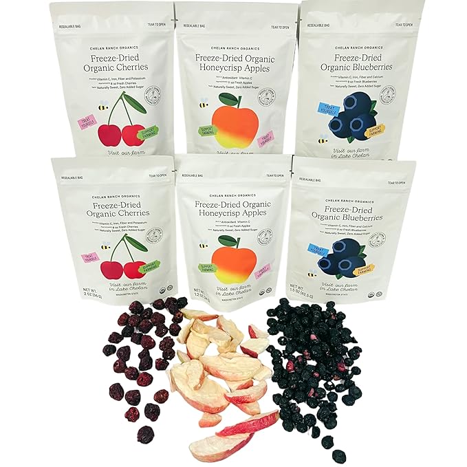 Chelan Ranch Organics Freeze-Dried Organic Fruit Variety Pack Cherries Honeycrisp Apples Blueberries Zero Added Sugar Non-GMO &amp Vegan Net Wt 9.4 Ounce (6-Pack)