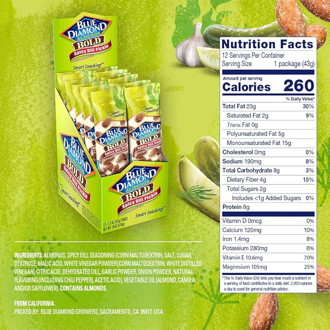 Blue Diamond Almonds Bold Spicy Dill Pickle Flavored Snack Nuts Single Serve Bags (1.5 Oz. Tubes Pack of 12)