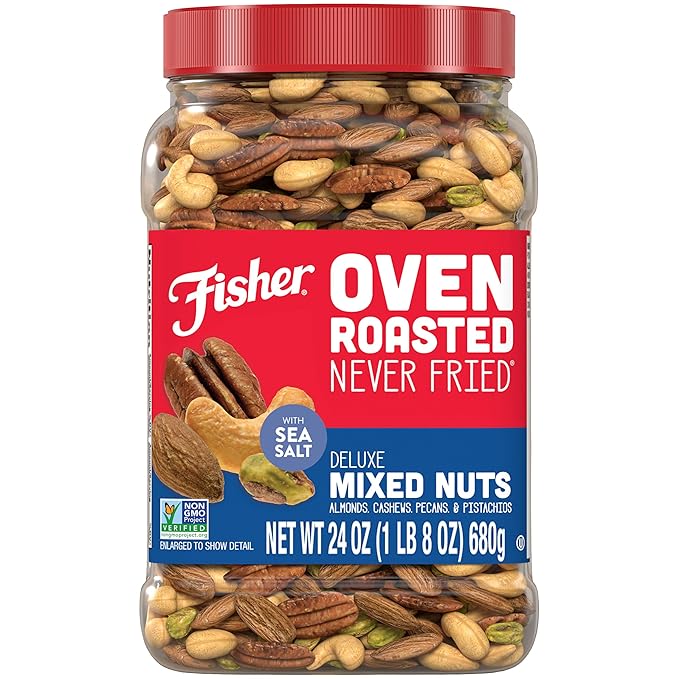 Fisher Oven Roasted Never Fried Deluxe Mixed Nuts 24 Ounces (Pack of 1) Almonds Cashews Pecans Pistachios Healthy Snacks for Adults Made With Sea Salt No Added Oil Trail Mix Gluten Free