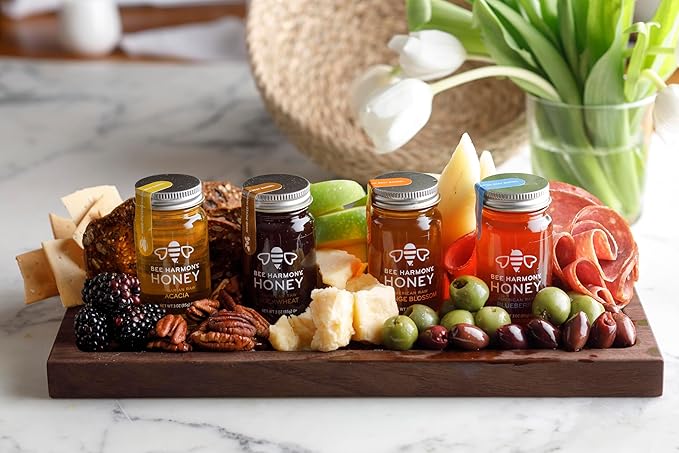 Bee Harmony Rare Varietals Honey Flight Mini Honey Gift Set 4 Jars 3 OZ Each Premium Raw (Acacia Buckwheat Blueberry Blossom Orange Blossom)