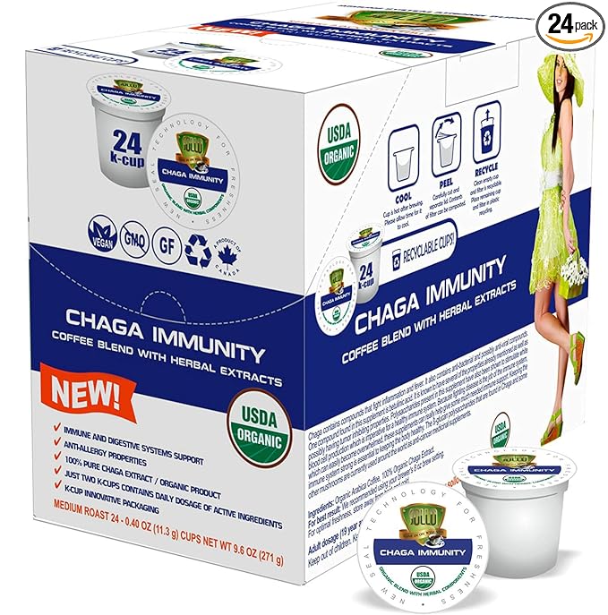 SOLLO Chaga Mushroom Infused Coffee Pods Boost Focus &amp Immunity Memory &amp Clarity Medium Roast Compatible With 2.0 K-Cup Keurig Brewers Organic by USDA No After Taste 24 Ct