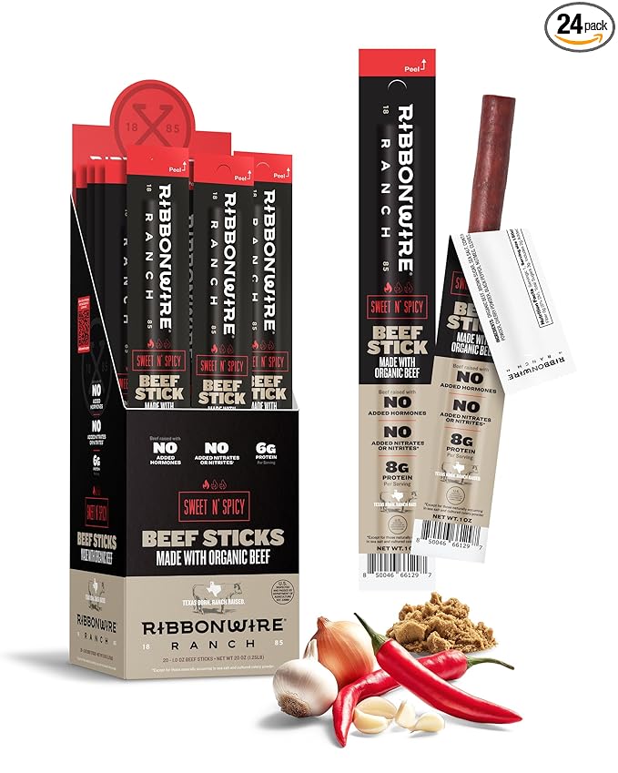 Ribbonwire Ranch Beef Sticks Made with Organic Beef Pasture Raised High Protein Snack Healthy Low Carb Keto Friendly Gluten Free Nitrate Free On the Go 1 Oz Sticks Sweet N' Spicy 24 Pack