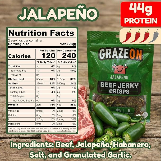 GrazeOn Beef Jerky Crisps Variety Pack - High Protein No Sugar Crunchy Air-Dried Meat Snack All-Natural Low Carb Keto Paleo Whole30 Spicy Pack All Natural Jerky Sampler with Red Chile Jalapeñ